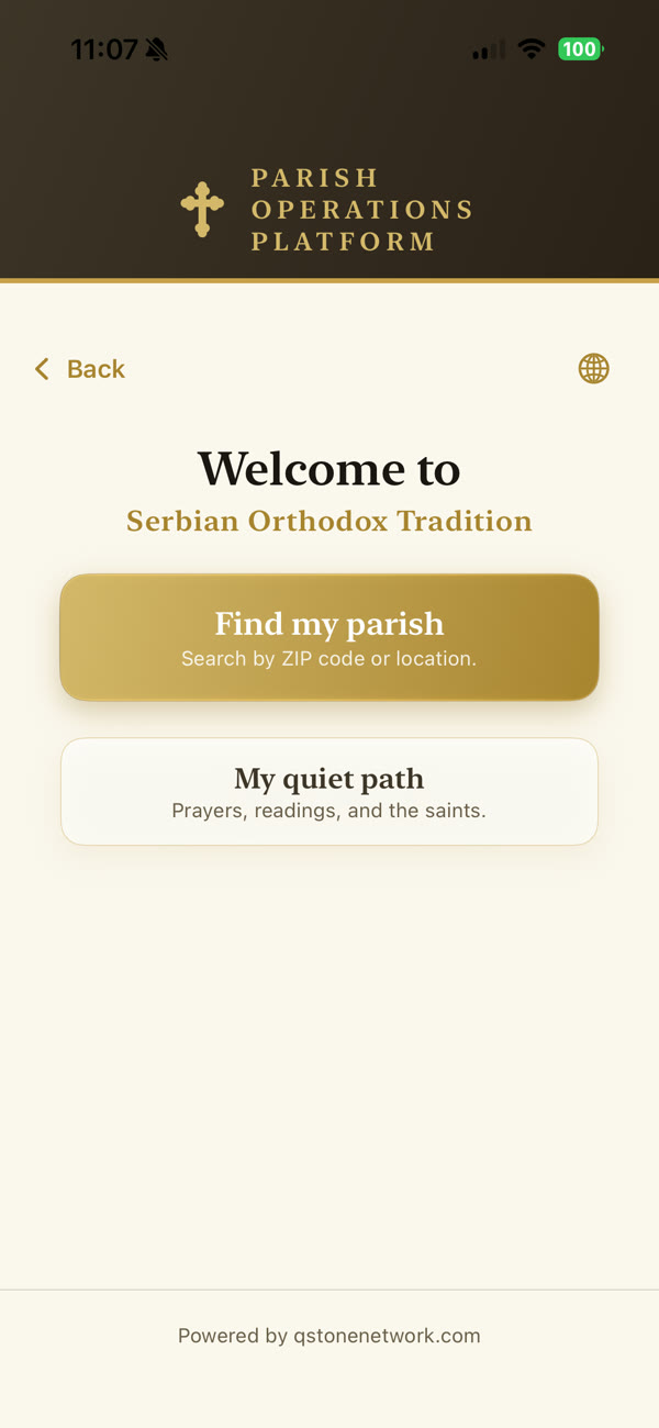 POP parishioner app, welcome screen
